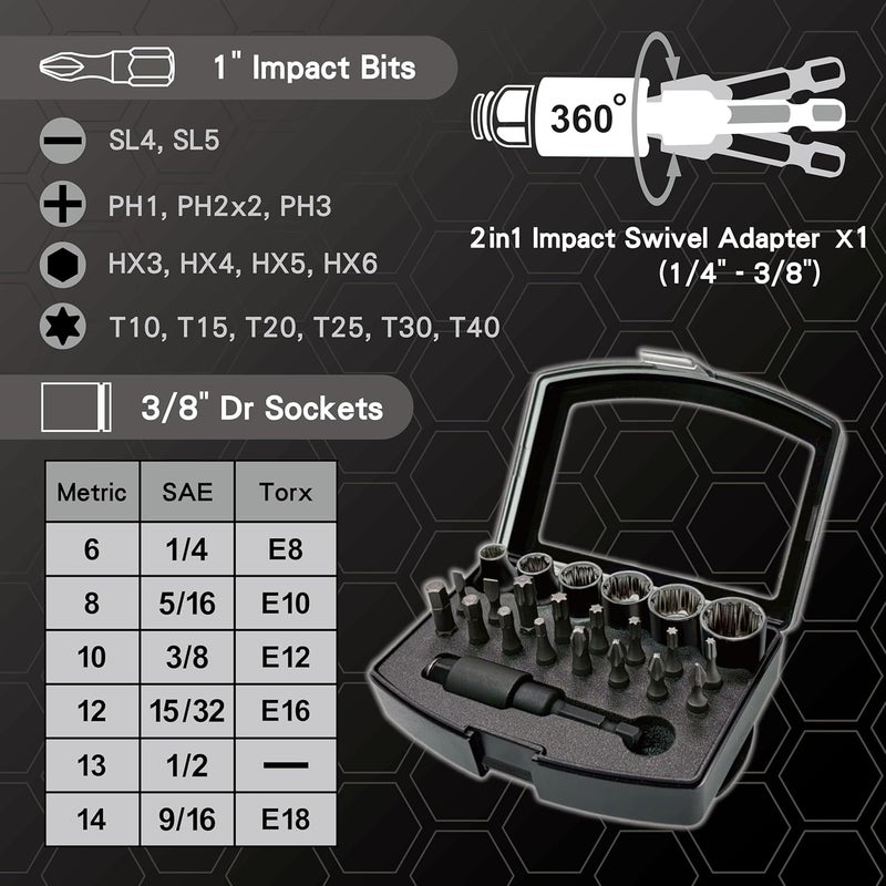 KESI TOOL 40-in-1 3/8" Drive Impact Socket Set with Swivel Adapter, SAE (1/4" - 9/16") & Metric (6mm - 14mm) & E-Socket (E8 - E18) & Stripped Bolt, Torsion Zone Impact Bits, CR-V Steel, USA Patent - Image 3